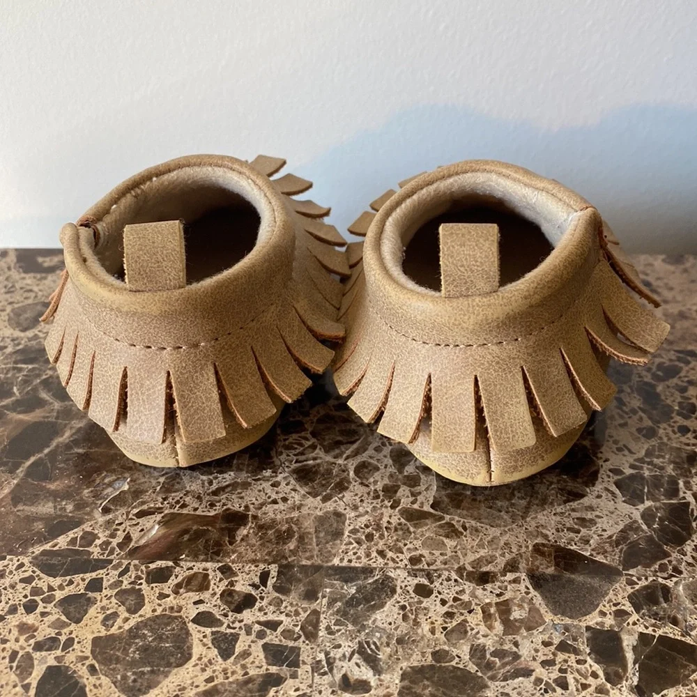 0-3M camel colored fringe trim soft sole shoes